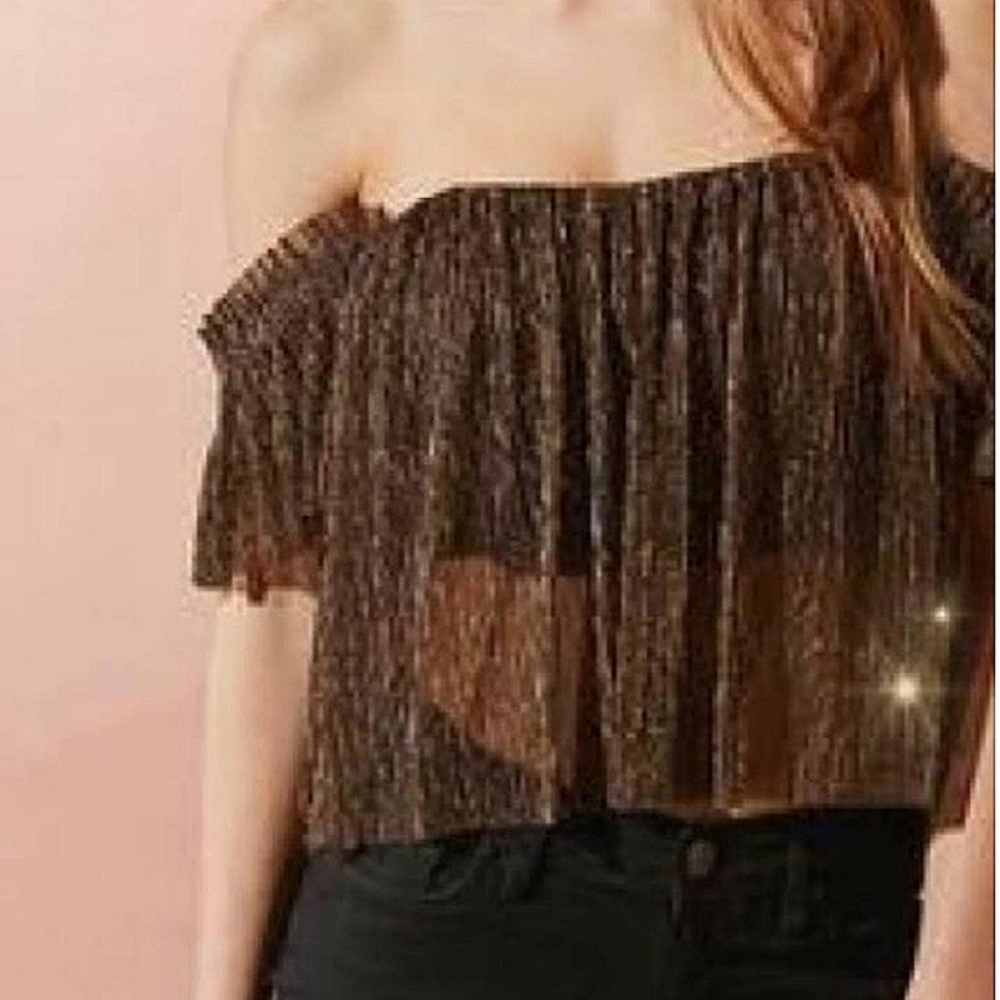 Urban Outfitters• Metallic gold mesh,  fringe off the shoulder blouse. Sz XS